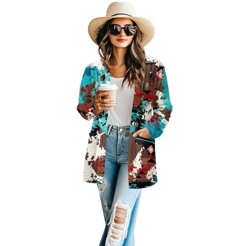 Image of Women's Aztec Open-Front Jacket Lightweight Casual Outerwear Native Western Aztec Pattern & Plaid Houndstooth Print