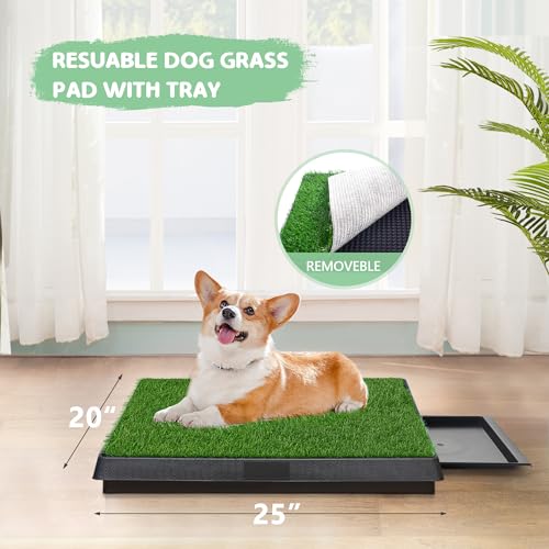 Image of Dog Grass Pad with Tray, 25 inch x 20 inch Dog Grass Potty Tray, Indoor Dog Potty | For Puppy Training, Reusable Artificial Pee Grass Pad Tray for Dogs, Outdoor Dog Toilet Pet Loo, 3-Layer System
