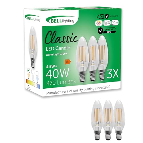 BELL Lighting E14 LED Candle Bulbs 3 Pack | 4.5 W 470 Lumen Warm White 2700 K | Non-Dimmable Filament Candle Bulb | Small Edison Screw Cap SES Bulbs | Energy Saving 40 W Equivalent Decorative Lighting