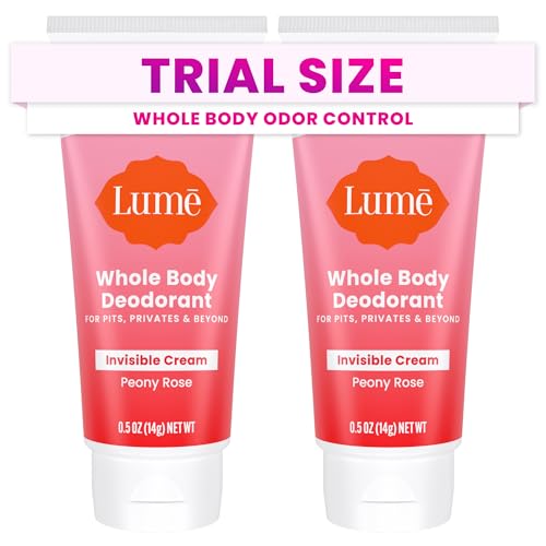 Lume Whole Body Deodorant - Mini Travel Size Invisible Cream Tube - Trial Size -72 Hour Odor Control - Doctor Developed - Aluminum Free, Baking Soda Free - .5oz (Pack of 2) (Peony Rose)