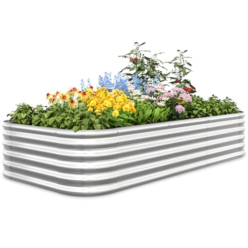 Quictent Raised Garden Bed Kit Oval Galvanized Metal Planter Box Tall for Vegetables Outdoor Backyard, Strengthened by Crossbar, Silver 8x4x1.5 ft 8x4x1.5 ft Silver