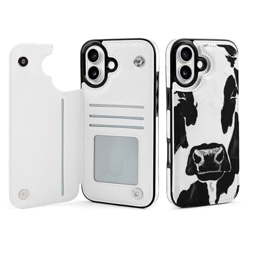 Étui portefeuille iPhone 16 Plus en cuir à rabat imprimé vache
