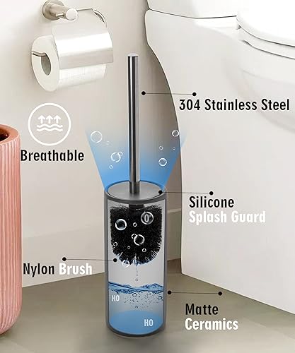 Image of Matt Gray Ceramic Toilet Brush and Holder Set | Freestanding Toilet Bowl Cleaners Brush, Scrubber Brush for Toilet, Bathroom Accessories with Stainless Handle, Deep Cleaning