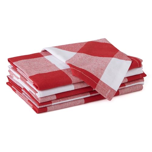 Image of Encasa XO Dining Table Napkins Set of 6, 50x50 cm | Machine Washable Reusable, Recycled Cotton Cloth Napkin, Soft & Absorbent, Table Decor for Hotels, Farmhouse - White & Buffalo Red Checks