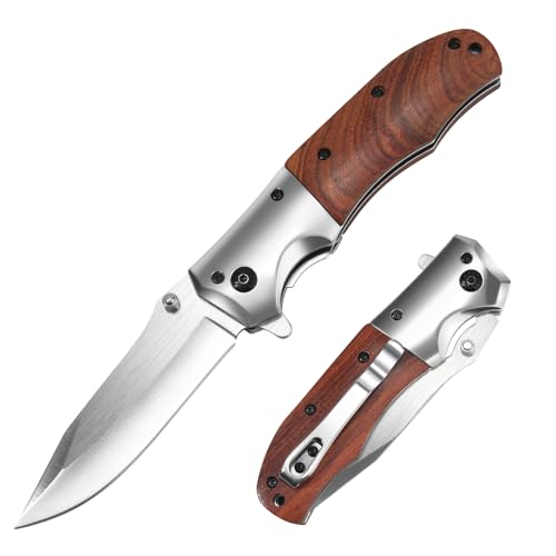 KNIFRTISAM Klappmesser, Taschenmesser, Outdoor Messer, Einhandmesser, Scharf 3Cr13 Edelstahl Klinge, Rotes Sandelholz Griff, Survival Messer, EDC Messer, Outdoormesser mit Taschenclip & Liner-Lock