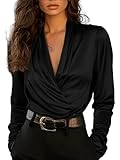 Women’s Wrap V Neck Long Sleeve Satin Blouse Slim Fit with Glossy Satin Finish for Classic Elegant Work or Evening Outfits