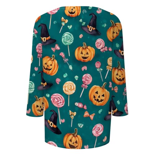 Image of Women Spooky Halloween Graphic Shirt 3 /4 Length Sleeve Crewneck Top | Halloween Funny Printed Pumpkin Plus Size Tshirts 2026 Fall Outfits Skeleton Tee Going Out Tops