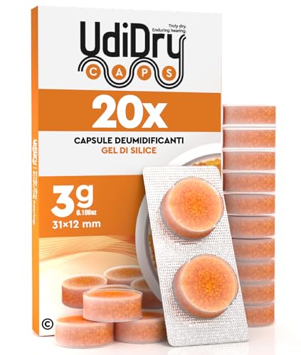 20 Capsule per Apparecchi Acustici 3g 31mm UdiDry Caps Essiccanti con Indicatore di Colore - Capsule Deumidificanti con Gel di Silice di Alta Qualità per Contenitori di Asciugatura