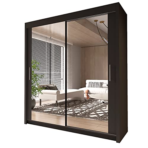 Moderno espejo completo con puertas correderas, estantes ajustables, rieles para colgar, muebles de dormitorio, color negro