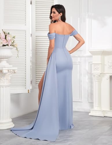 Image of Modest Dusty Blue Prom Dresses Satin Mermaid Formal Gown for Women Off Shoulder Evening Gown with Slit Size 4