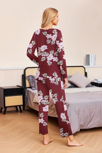 Image of Ekouaer Womens 2 Pack Pajama Set Long Sleeve Pajamas Top and Pants V Neck Pjs Set Soft Sleepwear Loungewear