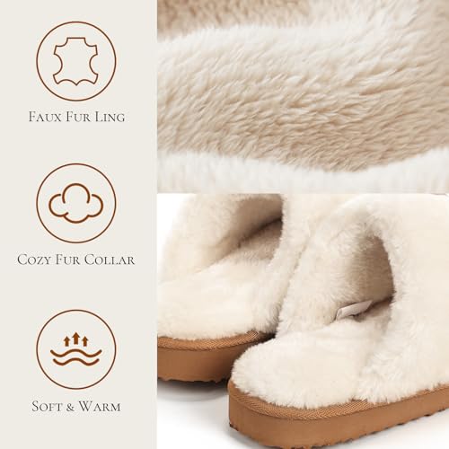 Image of OOW Fuzzy Slippers for Women Cozy Faux Fur House Shoes Memory Foam Slippers | Winter, Warm Slippers, Indoor and Outdoor