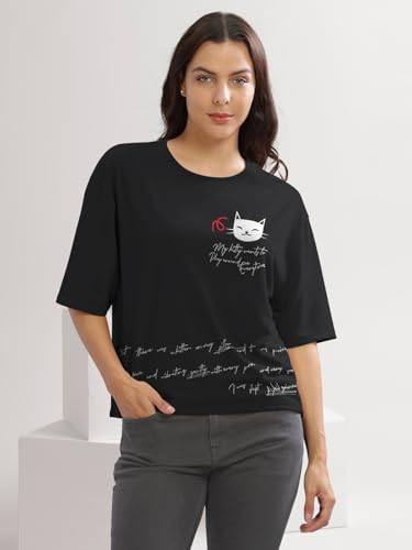 Image of HELLCAT Beige Printed Loose Fit Crew-Neck Crop T-Shirt for Women