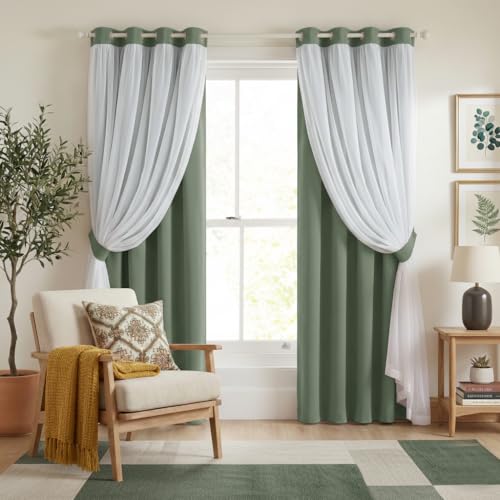 PONY DANCE Room Darkening Curtains with Sheer Overlay, Double Layer Drapes for Living Room, Grommet Thermal Insulated Curtains for Bedroom, 2 Panels Each 52 x 84 Inch, Sage Green