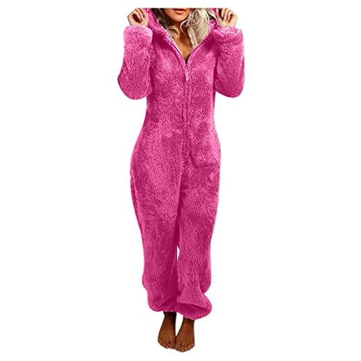 Combinaison Pyjama Femme Chaud et Doux Hiver Polaire Sexy Chic Pilou Pilou Pas Cher à Capuche Noel Grande Taille Manches Longues Zippée One Piece