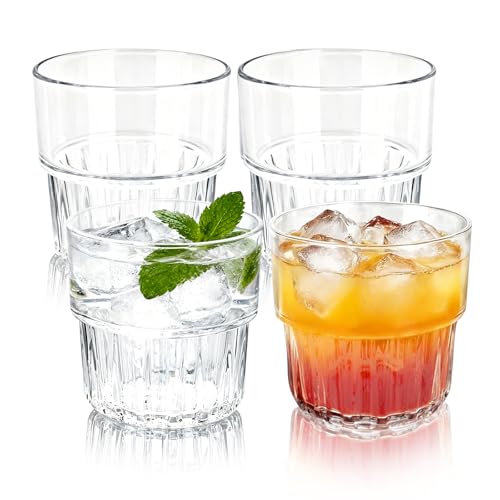 SHILIPAIJC 4 Piezas Vasos de Cristal Agua 300ml, Vasos Plastico Duro Transparente, Vasos Bajos Vasos de Agua y de Whisky para Cerveza, Zumo, Leche, Té, Aguas, Aptos para Lavavajillas