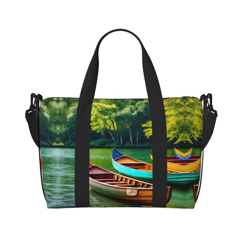 Lake with Boats Canoes Park print Gym Bag for Women,Carry on Weekender Overnight Duffle Bag,Personal Item Tote Bag