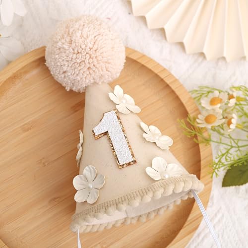 Jissoo Beige 1st Birthday Hat - Flower One Birthday Decorations,Apricot Rustic Cone Hat with Flowers,Little Princess First Smash Cake Decoration,Sweet Daisy Floral Party Photo Props (1) by Jissoo - Used condition - Image 6