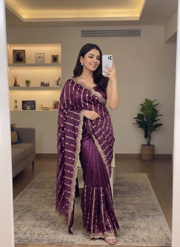 Image of RADHA Women's Embroidery Work Saree with Designer Border for Festive and Traditional Ethnic Drape Saree with Detailed Thread Style Pattern and Elegant Occasion Look