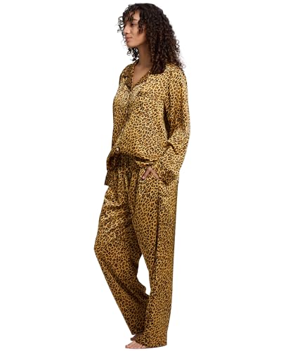 Image of YiNi LuLu Womens Silk Satin Pajamas Set Button Down 2 Piece Pjs Long Sleeve Oversized Sleepwear with Pockets