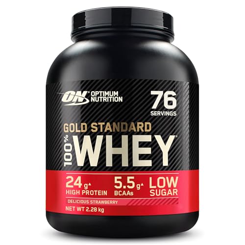 Optimum Nutrition Gold Standard 100% Whey, Proteína en Polvo para Recuperacíon y Desarrollo Muscular con Glutamina Natural y Aminoácidos BCAA, Sabor Fresa Deliciosa, 76 Dosis, 2.28 kg