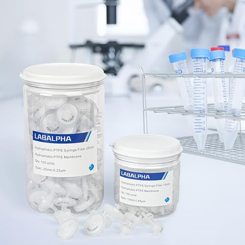 Image of LABALPHA Syringe Filters PTFE 100 Pack Lab Filters Pore Size Hydrophobic Filtration (13mm 0.22μm)