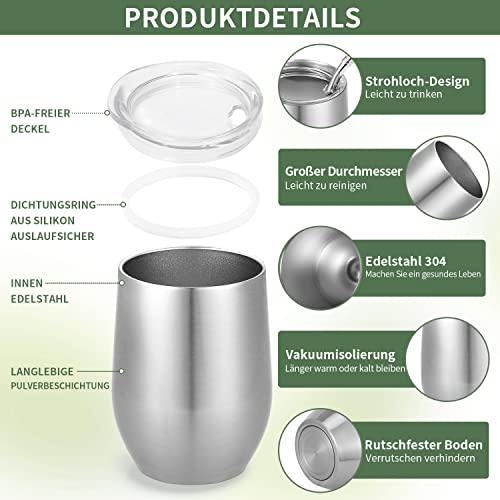 TELANKS Modernes Mate Becher 340 ml, Yerba Mate Cup Set Edelstahl doppelwand isolier Design, Mate Tee Tasse mit BPA-freiem Deckel, Bombillas und eine Reinigungsbürste (Silber)