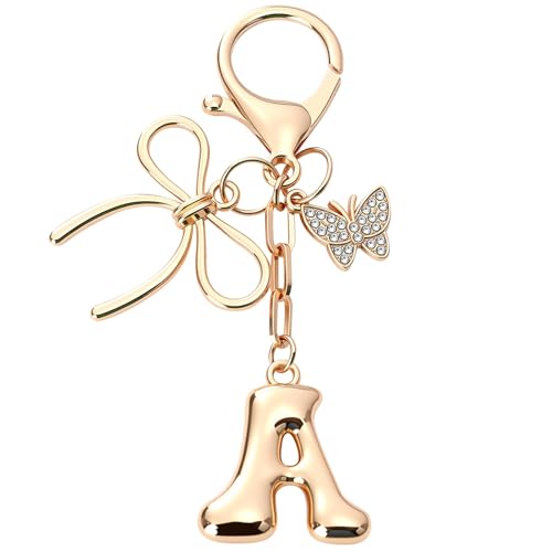 Portachiavi Lettera A Dorato con Fiocco e Farfalla – Ciondolo Elegante per Borsa Donna, Portachiavi Personalizzato Iniziale Alfabeto, Accessorio Moda, Borse o Zaini, Regali per la famiglia e le donne