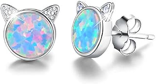 Gift for Christmas Esberry 18K Gold Plating 925 Sterling Silver Opal Cat Stud Earrings Cute Cat with Natural Stone Hypoallergenic Earrings for Women and Girls (White Gold-Blue Opal)