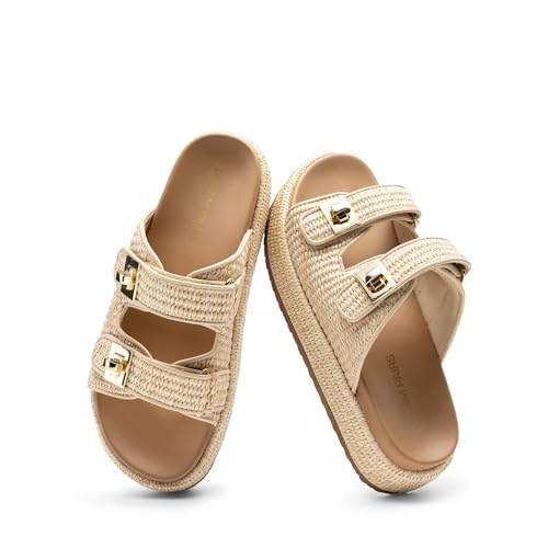 DREAM PAIRS Platform Sandals Women Raffia Espadrilles Summer Comfortable Wedge Sandals Beach Vacation Adjustable Buckle Cute Slide Sandals 7 Natural
