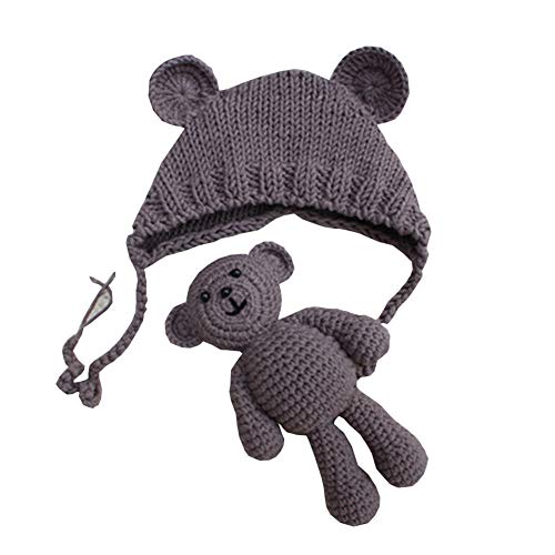 Newborn Baby Boys Girls Bear Hat Beanie with Bear Dolls Photography Accessories (Brown)