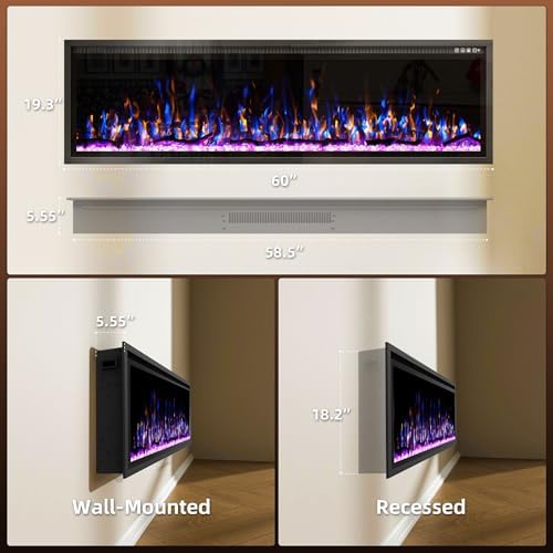 60" Wide Side Linear Electric Fireplace Recessed in-Wall and Wall Mounted Fire Places Color/Flame Log & Crystal Option with Remote Control 8 Hour Timer Fireplace Insert Hearth and Home - Thumbnail 3