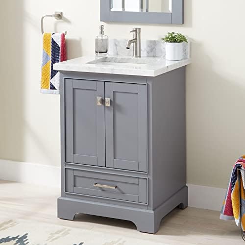 Signature Hardware 480558 Quen 24" Free Standing Single Vanity Set with Wood Cabinet, Vanity Top and Rectangular Undermount Vitreous China Sink - Single Faucet Hole - Gray/Carrara Marble
