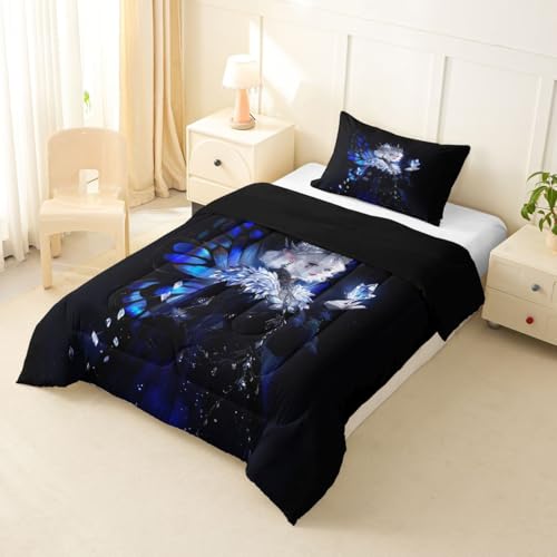 Image of Erosebridal Gothic Girls Comforter Set for Kids Boys Girls A Girl Wearing A Crown Bedding Butterfly Diamond Feather Print Duvet Set Coquette Princess Comforter Twin with 1 Pillowcase