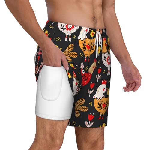 Cute Rooster Chickens Breathable Fit Trends Men's Swim Trunks Board Short with Waist Elastic Band Swimming Trunks3