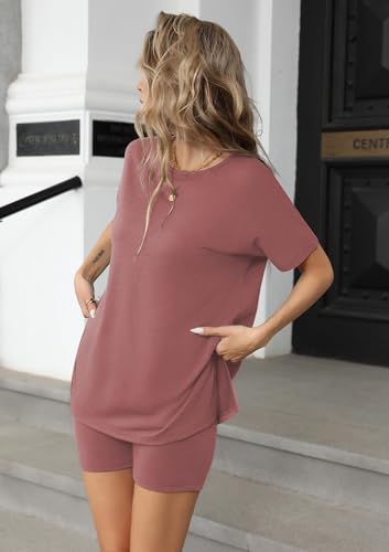 Image of Ekouaer Women's 2 Piece Lounge Set 2026 Summer Biker Shorts Set Outfits Short Sleeve Oversized Top Matching Tracksuit