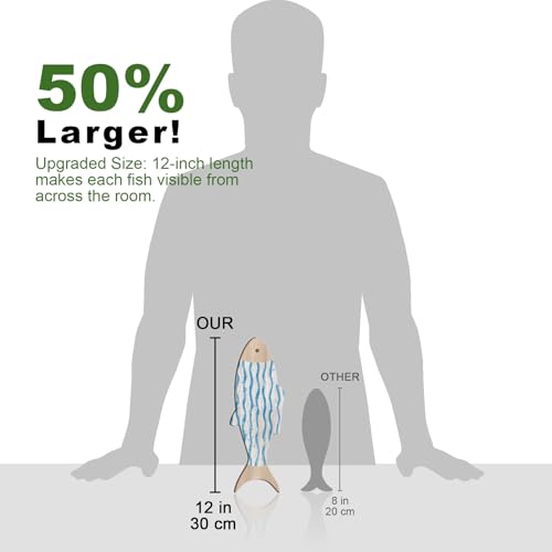 Aikgidtt 木製魚壁装飾4点セット 12インチ 海岸壁アート バスルーム、ビーチハウス、ファミリールーム用 - フックと粘着パッド付き(ブルー)