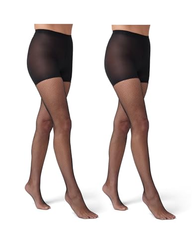 HUE Women's Fishnet Tights with Control Top, Black - 2 Pair Pack, 1