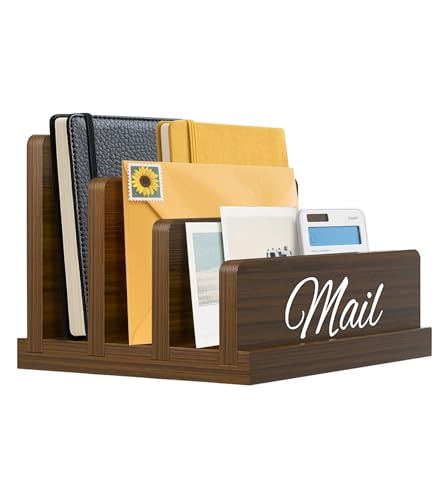 KISENG Mail Organizer for Desk,Wooden Mail Holder with Divider, 3-Slot Letter Sorter File Holder,Vertical Bill Organizer for Desktop Document/Notebook/Filing/Folders/Paper
