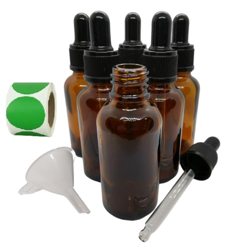 Salud, Tools Paquete de 6 Frascos de Vidrio Color Ámbar 30 ml (1 onza) con Goteros de Vidrio. Mini Embudo y Etiquetas de Regalo, Frasco Laboratorio y Gotero Pipeta...