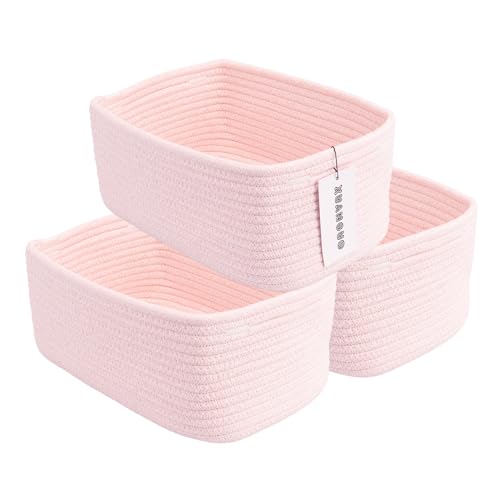 XUANGUO Small Woven Storage Baskets 12X8X5 Decorative Rope Bins for Organizing Shelves Closets and Toys Empty Gift Baskets Cute Organizer Basket for Home and Office (pink regular)