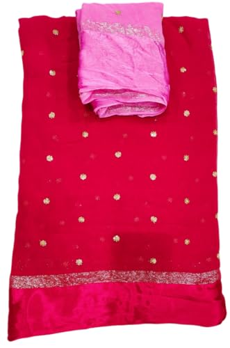 Image of Pure Georgette Sequence Work Saree with Contrast Blouse, Satan Patta Fabric