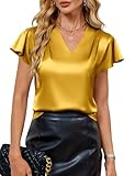 Blooming Jelly Women Silk Dressy Casual Business Blouse Ruffle Sleeve Tops Summer V Neck Pleated Work Shirts (M, Yellow)