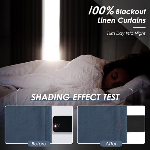 Image of Denim Blue 100% Blackout Linen Curtains for Bedroom 102 Inches Long Back Tab Thermal Insulated Modern Farmhouse Decor Black Out Curtain for Living Room Dining Room Rod Pocket Drapes 52x102, 2 Panels