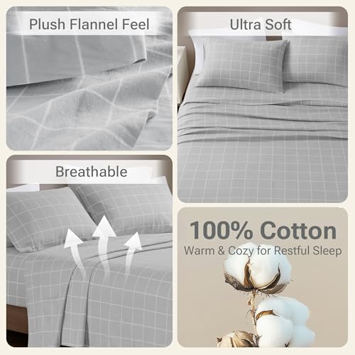 Image of Sleep Philosophy True North Flannel Sheets Queen Size, Cozy 100% Cotton Flannel Bed Sheets, Ultra Soft Cute Sheet Set, Novelty Print Themed Cold Weather Warm Bedding Set, Grey Windowpane, 4 Piece