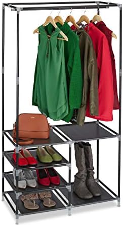 Relaxdays Armario Abierto, Baldas para 10 Pares de Zapatos, Barra Perchas, Mueble Guardarropa, 160x84x43 cm, Negro