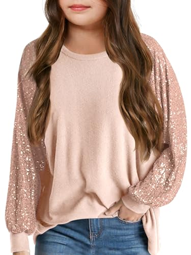 Haloumoning Girls Sequin Sweatshirts Kids Fashion Crewneck Long Batwing Sleeve Pullover Clothes 5-14 Years Pink