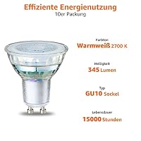 Amazon Basics Warmweiß LED-Leuchtmittel, GU10-Spots, 4 W (entspricht 50-W-Glühbirne), klares Filament, nicht dimmbar, 10 Stück (1er Pack) – Ansicht 3