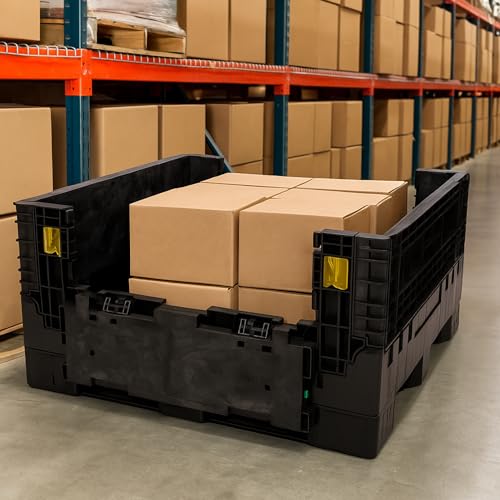 Image of Buckhorn 48 inch x 45 inch x 25 inch Collapsible Bulk Box Container, Extra-Duty Plastic Stacking Gaylord Box with 4-Way Forklift Access and 2 Drop Doors, 1700 lb Capacity Storage Tote, Black (BR48452520)