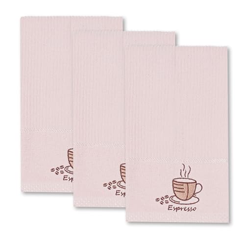Image of La Maison Woven Embroidered Tea Towels Pack of 3 Large 40 x 70cm Super Absorbent Housewarming Gifts 4 Styles Cotton Rich (Pink, Espresso)